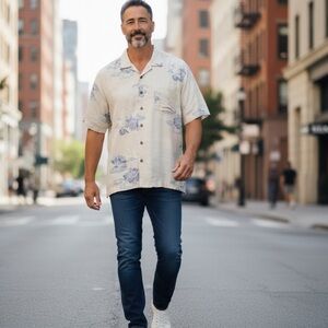 Tommy Bahama  Silk Tropical Cream and Blue Camp Shirt Size XL